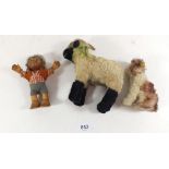 A Steiff small Molly dog, 10.5cm, Steiff Mecki hedgehog 12cm and a mountain sheep, 11cm