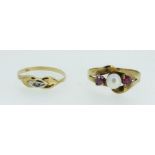 A yellow metal "333" standard ring set rubies and pearl, size P to Q and another "333" standard