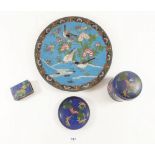 A Cloisonne plate decorated birds, a pin dish, pot and cover and match holder
