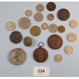 A miscellaneous lot of world coinage and medallions including: Victoria's Jubilee 1887, Army Rifle