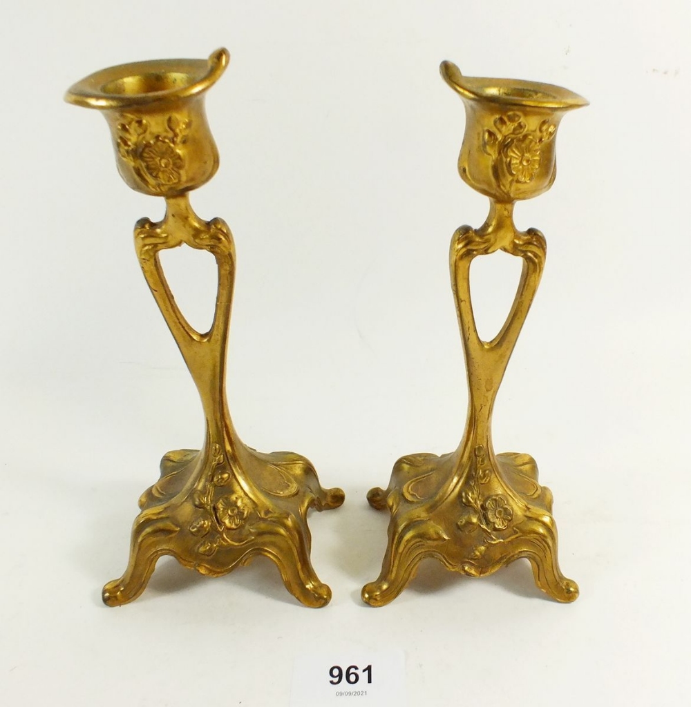 A pair of gilt metal Art Nouveau candlesticks - 17cm