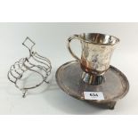 A silver plated toast rack, salver and half pint Gilbert mug