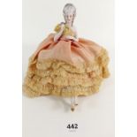 A 1950's porcelain pin dolly with crinoline dress and legs