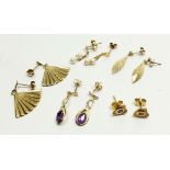A selection of earrings comprising of: a pair of 9 carat chip diamond stud earrings, 9 carat gold
