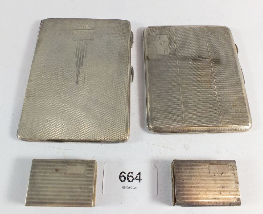 Two silver cigarette cases and two matchbox covers, 276.7g