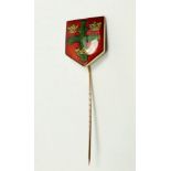 A 9 carat gold and enamel stick pin decorated coat of arms for Colchester, 3.6g