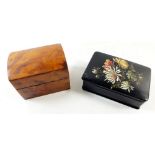 A painted papiermache trinket box and a yew trinket box