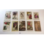 Postcards: box of greetings cards, mainly pre 1950s with mix of Valentines, Christmas, Easter,