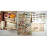 Large box of GB & ROW stamps in 6 albums, on sheet, in envelopes/tins/containers incl 1d Black on