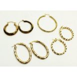 Three pairs of 9 carat gold hoop earrings 4.6g, and a single 18 carat gold hoop earring 1.5g