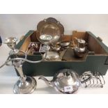 A Mappin and Webb silver plated tazza, an engraved Victorian tray, silver plated water jug and