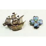 A silver 900 standard filigree sailing ship brooch and an abalone silver brooch a/f