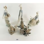 A mixed group of five Lladro figurines to include a girl sat with bird, girl with basket, birds