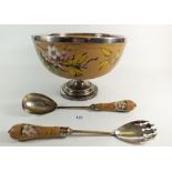A Watcombe Ware large salad bowl with silver plated mounts and servers, painted blossom, 26cm