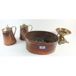 A pair of Bensons insulated copper tankards, an oval jardinière and a copper circular stand
