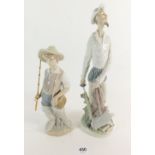 Two Lladro figures of a boy with fishing rod and man with sword, tallest 29.5cm high