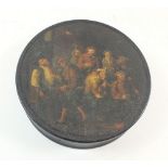 A Victorian circular lacquer snuff box painted tavern scene to lid with thieves stealing a wallet