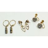Three various pairs of 9 carat gold earrings