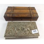 A wooden leather bound box and an Indian box embossed elephants