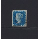 GB: QV Two Pence 2d Blue Plate 1 'Q L', 4 Margin, Black MC, SG 4 Cat £950+.