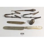 A selection of silver and silver plated items to include a silver handled button hook, silver