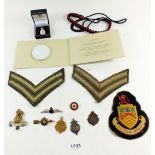 A box of military badges etc. including shoulder badges, cap badge, RAF silver and enamel wings