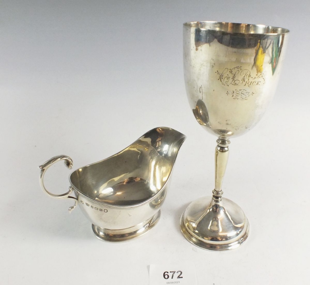 A Mappin & Webb silver sauce boat, 108g, Birmingham 1934 and a silver plated goblet