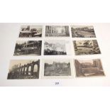 Postcards: disasters group including Subsidence of Main Road Northwich, 1905 Timber Yard Fire