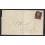 GB: QV Penny 1d Red 'T C' Imperf, Plate 1c (State 3), 4 margin, with re-entry on cover, black MC. SG