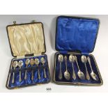 Two sets of cased silver teaspoons, Birmingham 1920 and Chester, 1918, Combined weight 102g
