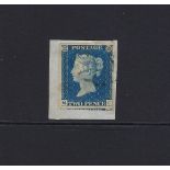 GB: QV Two Pence 2d Blue Plate 1 'Q C', 4 Margin on piece, Black MC, SG 4 Cat £950+.