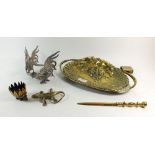 A Victorian cast brass grape dish, matchbox cover cast Imperial Eagle, porcupine egg cup and two