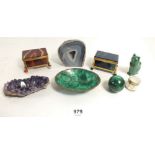 A small box of collectables including two agate trinket boxes, a mother of pearl trinket pot,