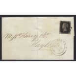 GB: QV Penny 1d Black 'S C', Plate 7, 4 margin, on cover with Black MC, Redruth to Hayle. SG Cat £