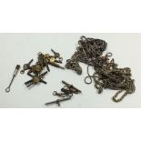 A small quantity of fob chains (some a/f) to include a Mexican silver example (a/f), two silver T-