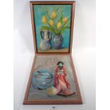 An oil on board still life yellow tulips and another still life with Chinese figure, 39 x 29cm