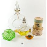 Three graduated glass Guerlain shop display scent bottles, talc boxes etc
