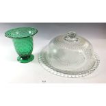 A vintage glass cheese stand and cover and a green Whitefriars style vase