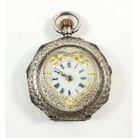 A silver continental fob watch with heart form face and engraved decoration