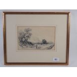 Attrib Clarkson Stanfield (junior) pencil drawing figure in landscape, 14 x 23cm
