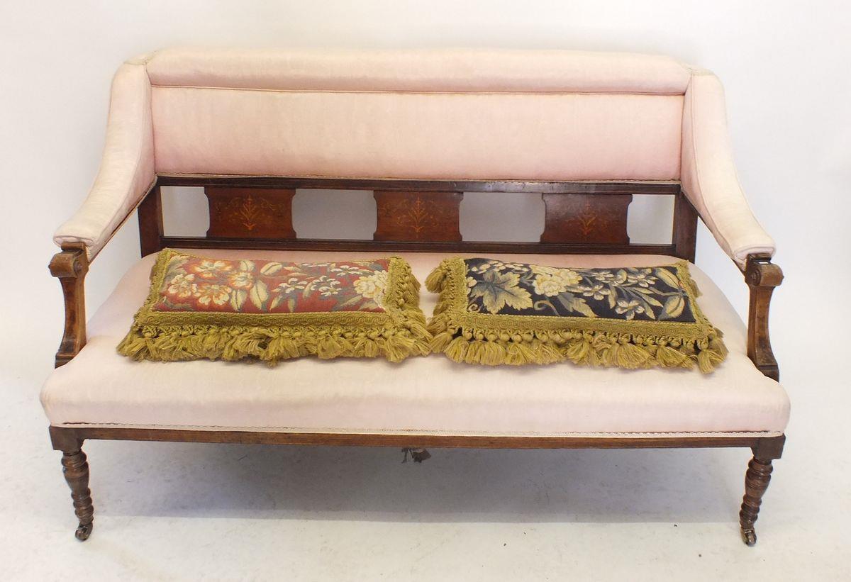 An Edwardian salon suite with marquetry decoration comprising: settee, two side chairs and armchair - Image 2 of 5