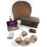 A box of collectables including Valet razor, two snuff boxes and a copper crumb scoop