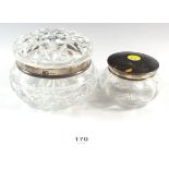 A silver and tortoiseshell glass dressing table pot and a silver collared dressing table jar