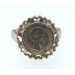 A 9 carat gold ring inset miniature Mexican coin, size N