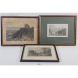 Three coloured engravings of castles comprising Oystermouth, Dunsky and Durham