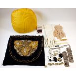 A group of buttons, paste buckles, gloves etc. and an Indian gold thread embroidered panel