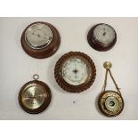 Five various barometers including rope carved one