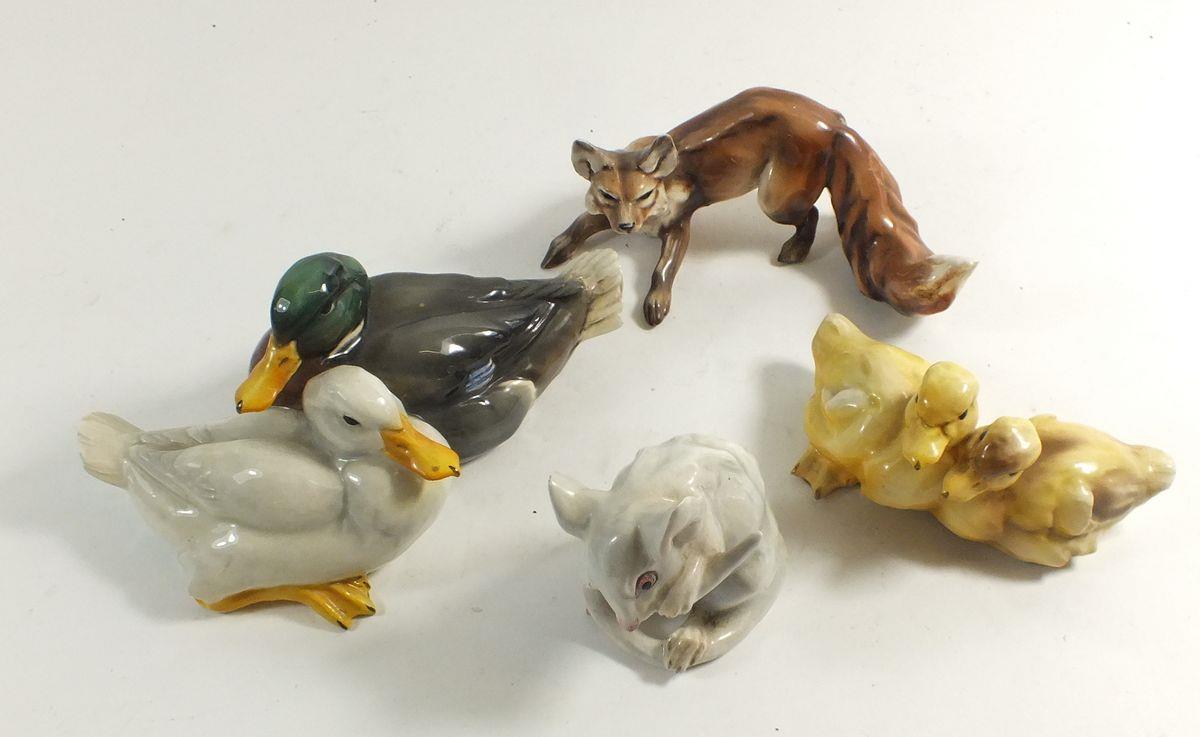 A Tay group of two ducks, a pair of ducklings, a fox and a mouse by Guiseppe Tagliariol