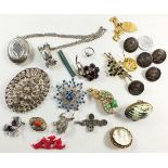 A white metal large brooch and various costume jewellery