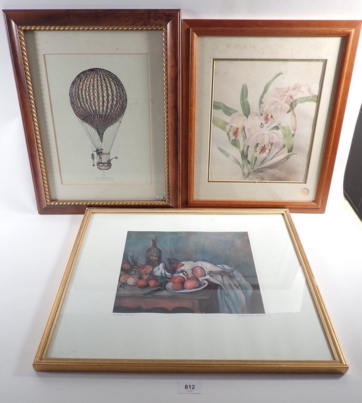 A balloon print, a vintage botanical Kew print and a Cezanne print, 30 x 29cm